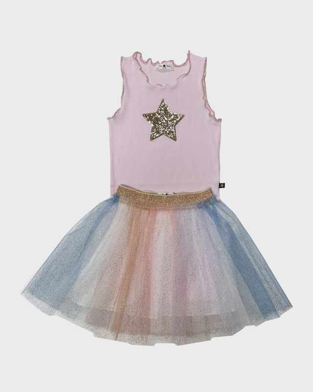 Girl's Star-Printed Tank W/ Multicolor Tulle Skirt & Bike Short, Size 12M-10